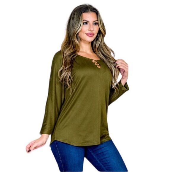 ALLIE & ROB Green Gold Ringed Keyhole Long Sleeve Top - Picture 4 of 4